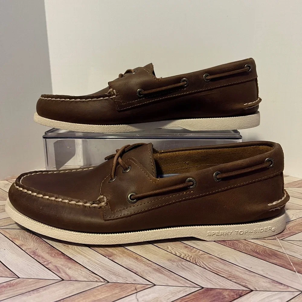 Sperry Top Sider Auth Original 2 Eye Boat Shoe Men 8 Wide Brown Leather Nautical